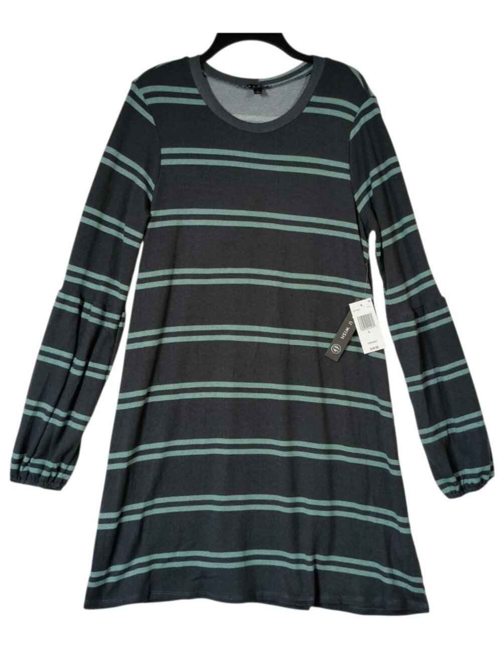 As U Wish Womens Size Large Knit Dress Lantern Sleeve Gray Turquoise Stripe